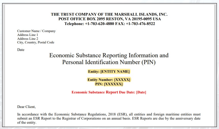 Mẫu thông báo Entity Number và PIN để báo cáo Economic Substance tại Marshall Islands